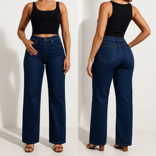 Women's BBL Wide Leg Jeans - High Waisted Butt Lifting Straight Denim, Plus Size, Zero Posterior Gap, Stretchy Slimming Fit