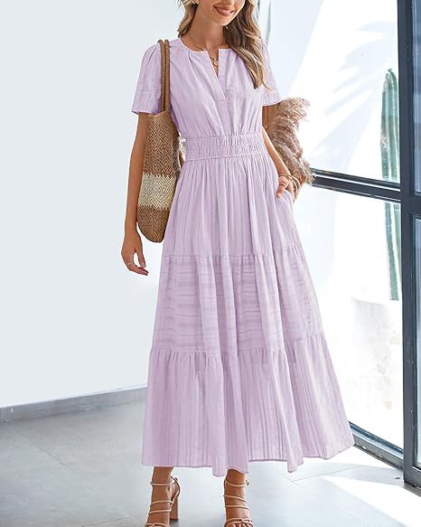 Women Casual Midi Maxi Dresses Short Sleeve V Neck Elastic Waist Vacation Dress Pockets