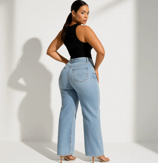 Women's BBL Wide Leg Jeans - High Waisted Butt Lifting Straight Denim, Plus Size, Zero Posterior Gap, Stretchy Slimming Fit