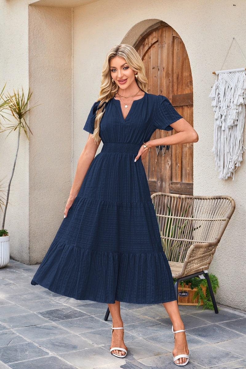 Women Casual Midi Maxi Dresses Short Sleeve V Neck Elastic Waist Vacation Dress Pockets