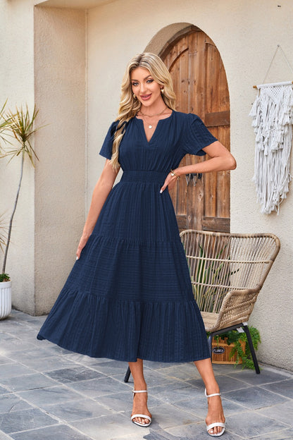Women Casual Midi Maxi Dresses Short Sleeve V Neck Elastic Waist Vacation Dress Pockets