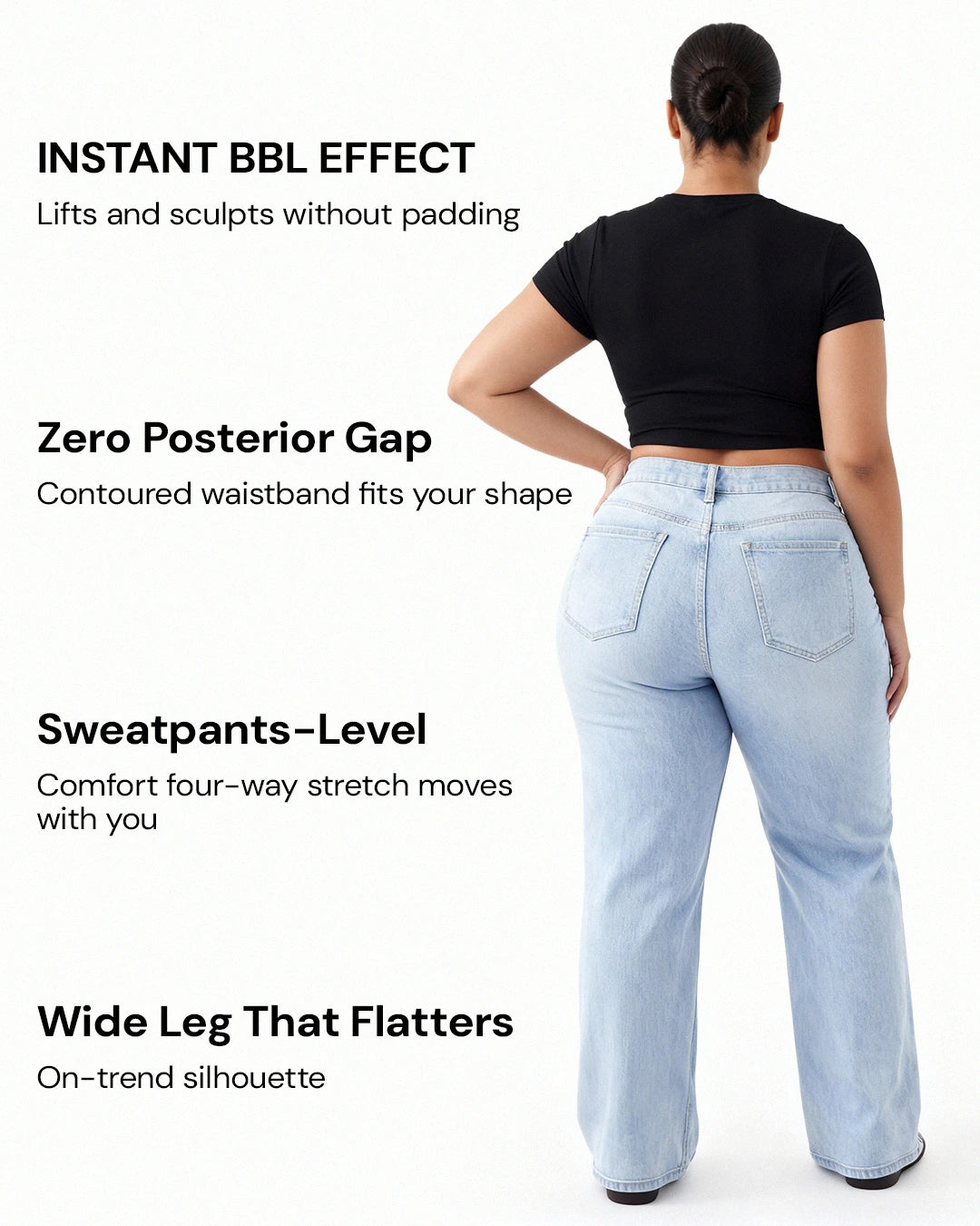 Women's BBL Wide Leg Jeans - High Waisted Butt Lifting Straight Denim, Plus Size, Zero Posterior Gap, Stretchy Slimming Fit
