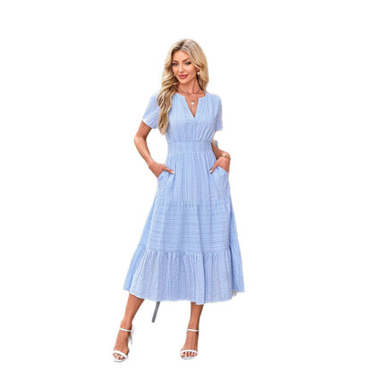 Women Casual Midi Maxi Dresses Short Sleeve V Neck Elastic Waist Vacation Dress Pockets
