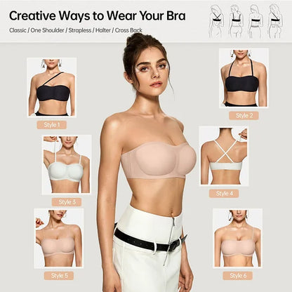 Womens Strapless Bras Push Up Bandeau Bra Non Slip Wireless Supportive Padded Bras Seamless Comfortable Tube Jelly Bras