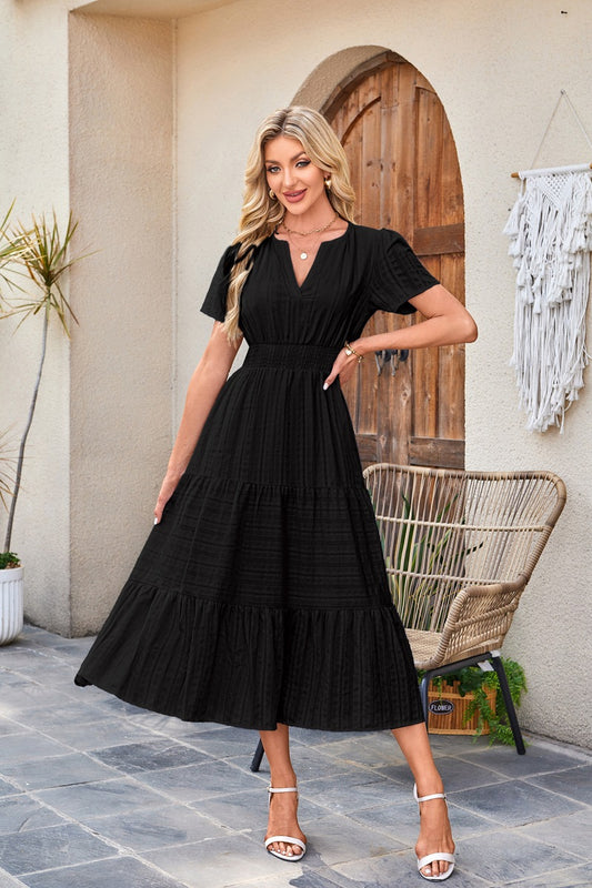 Women Casual Midi Maxi Dresses Short Sleeve V Neck Elastic Waist Vacation Dress Pockets