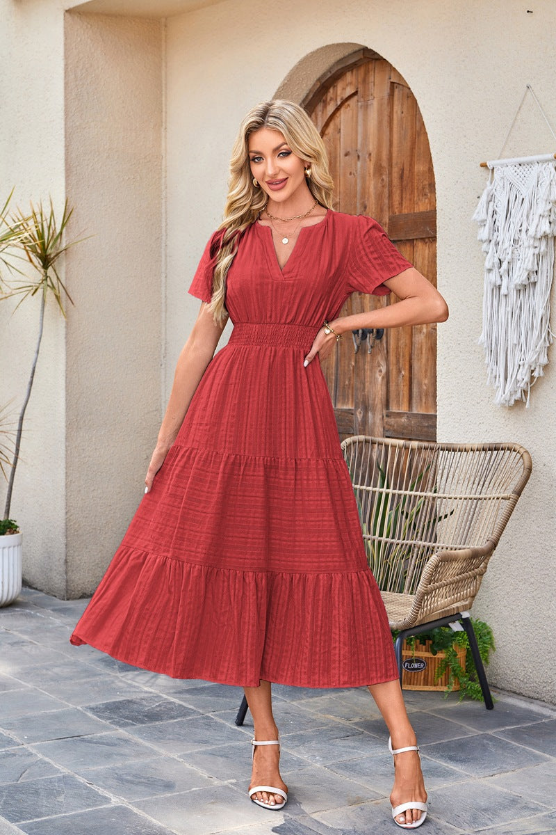 Women Casual Midi Maxi Dresses Short Sleeve V Neck Elastic Waist Vacation Dress Pockets