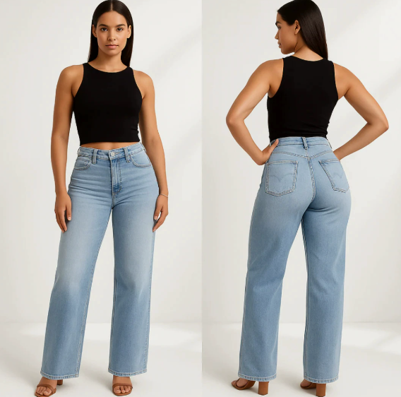 Women's BBL Wide Leg Jeans - High Waisted Butt Lifting Straight Denim, Plus Size, Zero Posterior Gap, Stretchy Slimming Fit