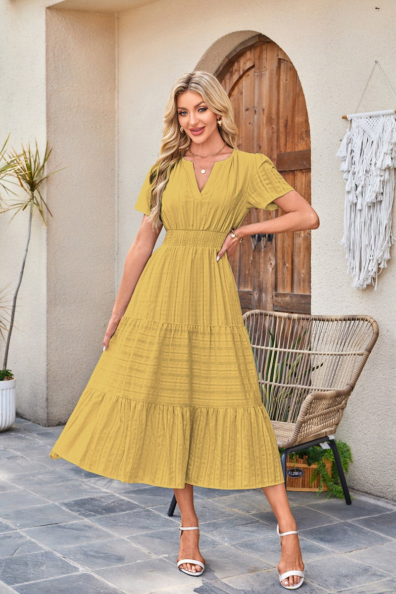 Women Casual Midi Maxi Dresses Short Sleeve V Neck Elastic Waist Vacation Dress Pockets