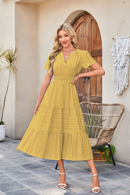 Women Casual Midi Maxi Dresses Short Sleeve V Neck Elastic Waist Vacation Dress Pockets