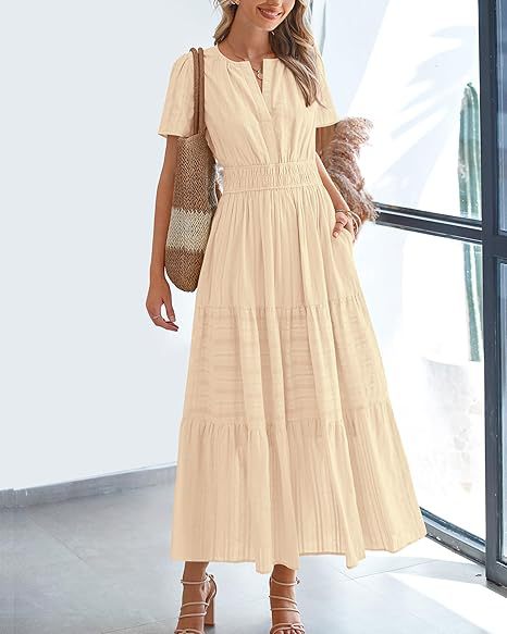 Women Casual Midi Maxi Dresses Short Sleeve V Neck Elastic Waist Vacation Dress Pockets
