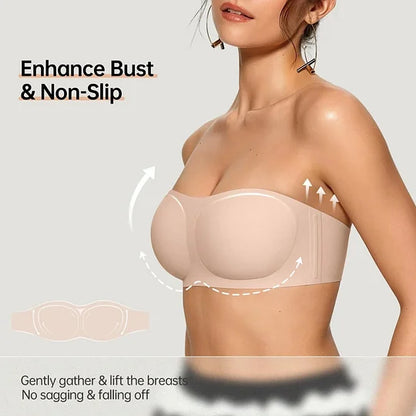 Womens Strapless Bras Push Up Bandeau Bra Non Slip Wireless Supportive Padded Bras Seamless Comfortable Tube Jelly Bras