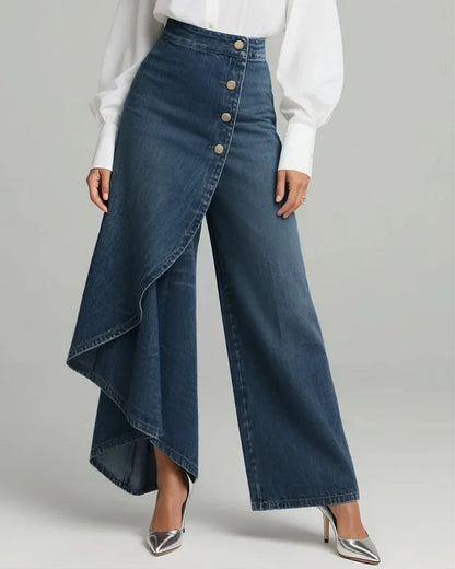 ✨High Waist Black Denim Wide Leg Trousers, Asymmetrical Wrap Skirt Design Button Down Jeans, Y2K Fashion✨