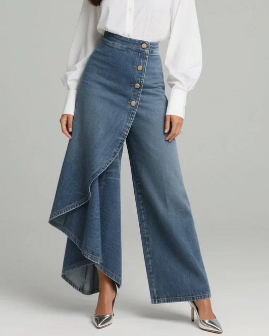 ✨High Waist Black Denim Wide Leg Trousers, Asymmetrical Wrap Skirt Design Button Down Jeans, Y2K Fashion✨
