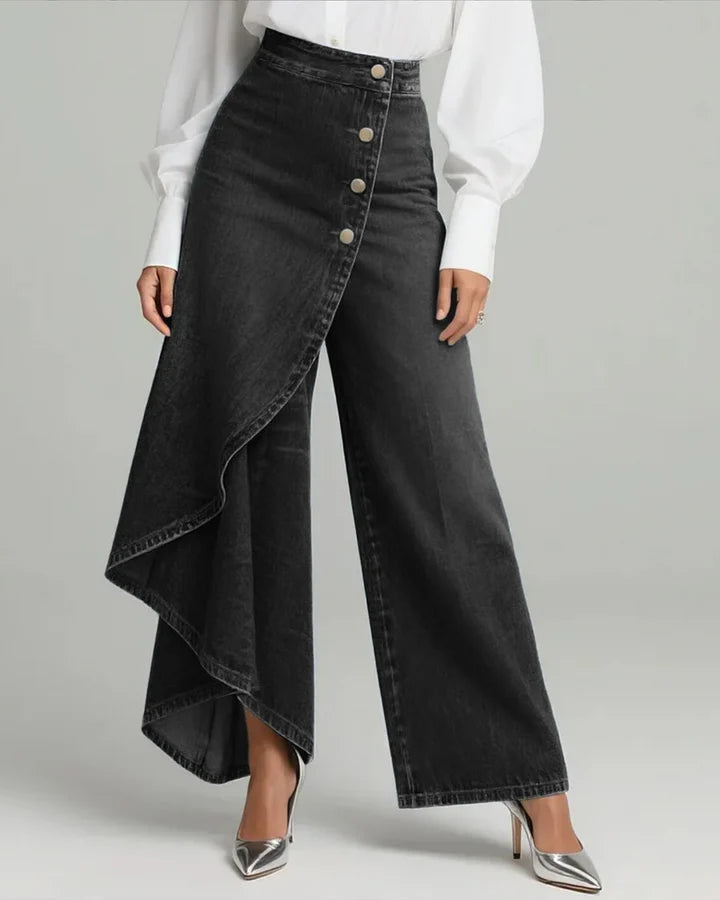 ✨High Waist Black Denim Wide Leg Trousers, Asymmetrical Wrap Skirt Design Button Down Jeans, Y2K Fashion✨