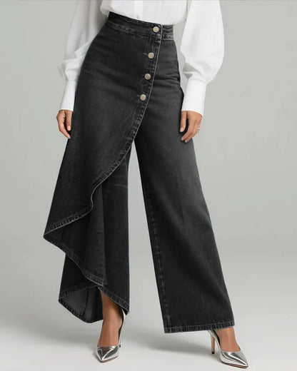 ✨High Waist Black Denim Wide Leg Trousers, Asymmetrical Wrap Skirt Design Button Down Jeans, Y2K Fashion✨
